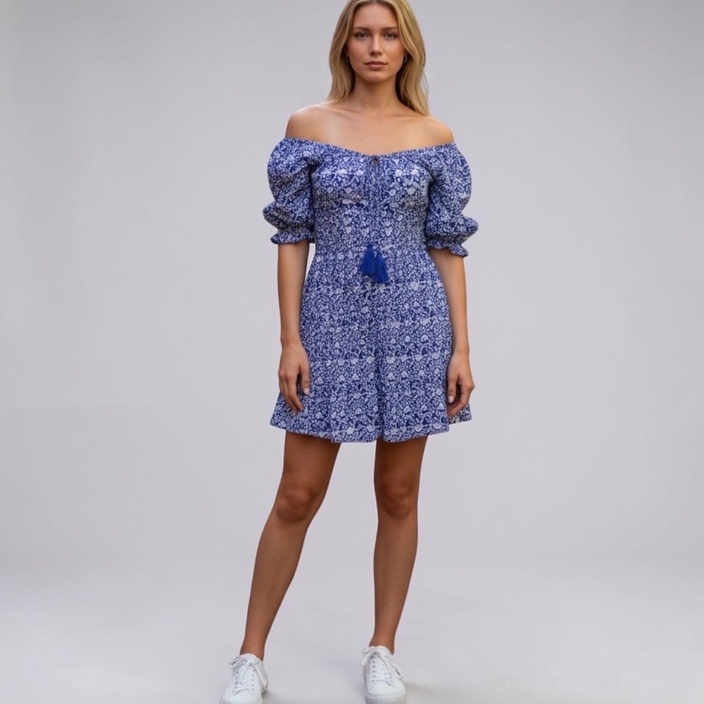 Zara Blue Floral Puff Sleeve Mini Dres Square Neck Smocked Back Tassel M Coastal